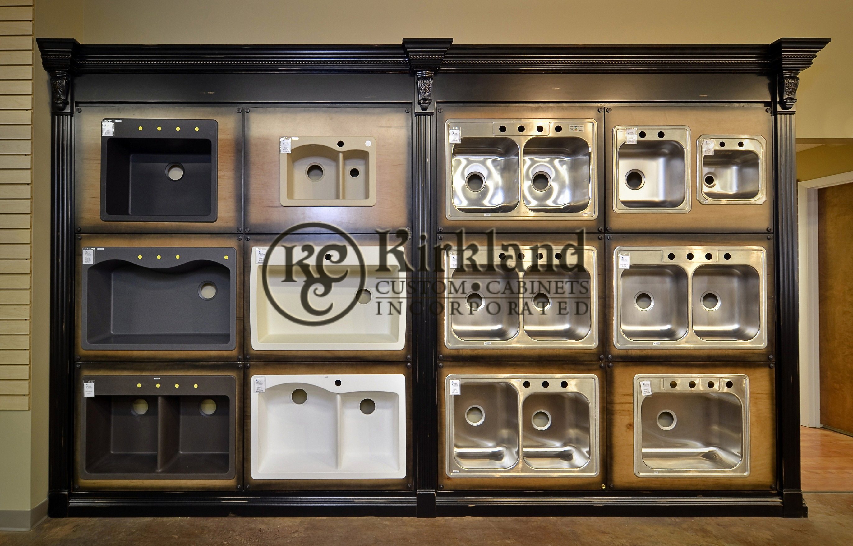 Commercial Wall Sink Display_Maple Wood Panels with Coffee Stain and